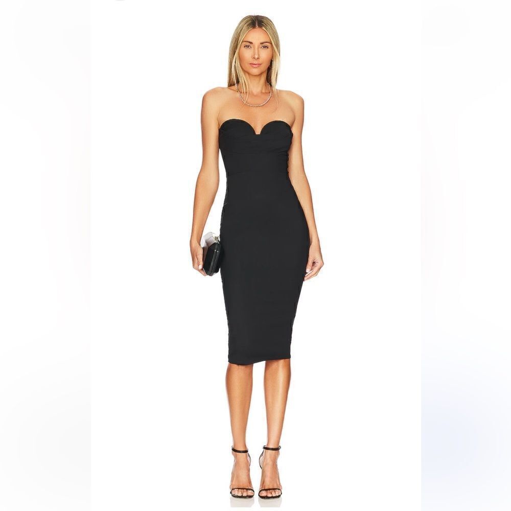 More To Come Sophia Midi Dress black strapless sheath stretch Revolve
